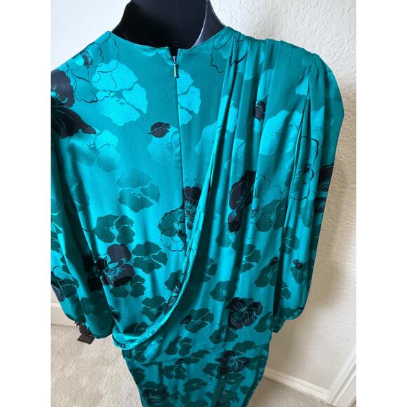 Silk Teal Green Drape Tie Floral Dress Vtg 80's Francesca Damon Starington Sz 8 - Picture 8 of 9